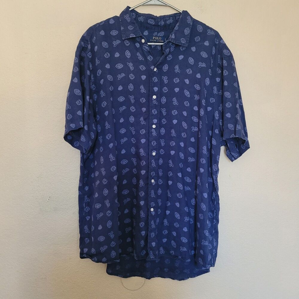Polo Ralph Lauren SS Football Varsity Collegiate Button Up Linen Shirt Size XXL